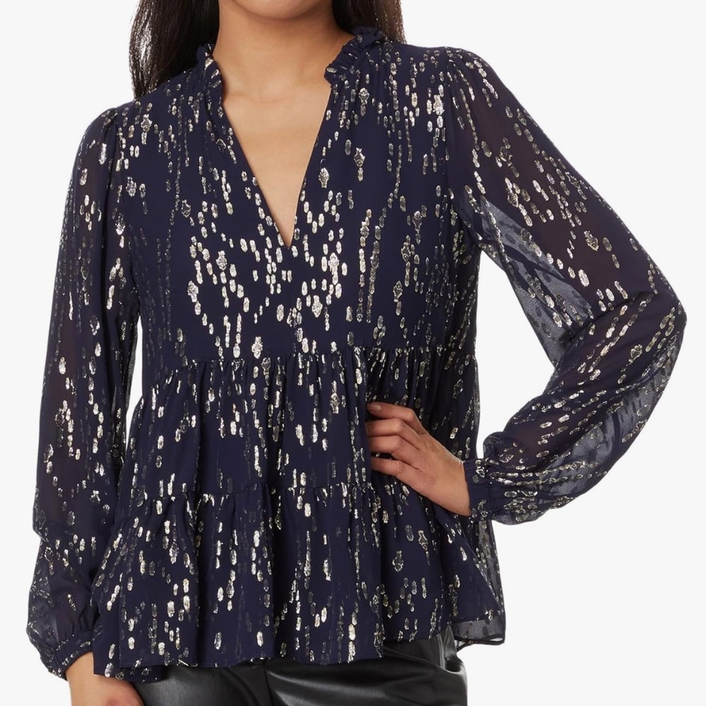 NWT Lilly Pulitzer  Sarita Long Sleeve Silk Top True Navy Fish Clip Chiffon Sz 6